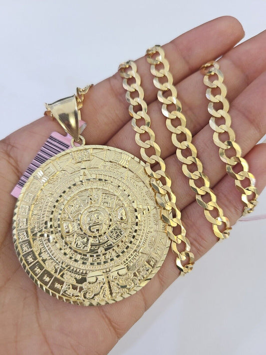 14k Gold Chain Mayan Calendar Charm Solid Cuban Curb 5mm 20"-28" SET Necklace