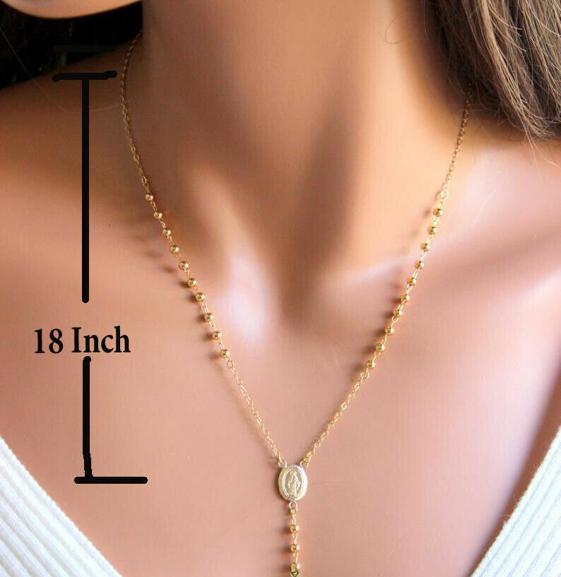 14k Gold Rosary Necklace 18" - 24" REAL 14KT yellow Gold Jesus cross Chain pendant - Reva Jeweler