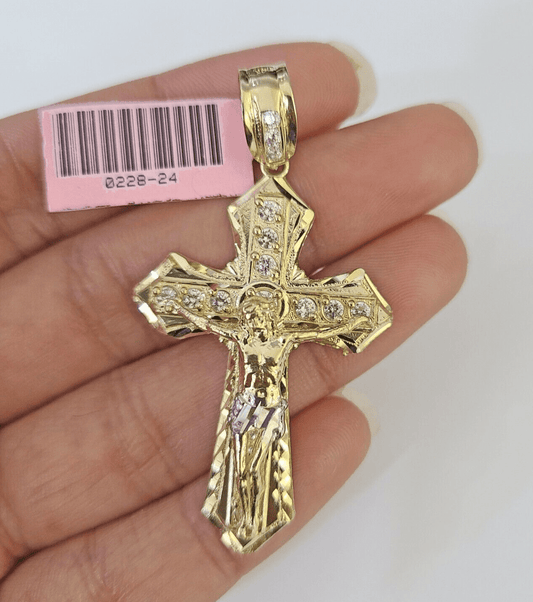 14k Jesus Christ CZ Cross Charm Pendant Yellow Gold REAL Genuine - GoldenlinQ