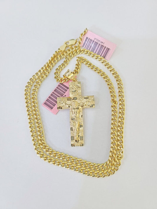 14k Nugget Cross Charm Miami Cuban Chain 4mm 24 inch SET Yellow Gold