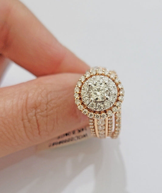 14k Rose Gold Diamond Ring & Band Set Ladies 2CTW Wedding Engagement Solid REAL - Reva Jeweler