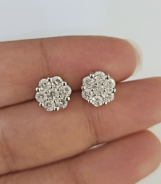 14k White Gold Flower Earrings Real Diamond Screw - Back Women Men Studs - GoldenlinQ