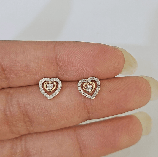 14k White Yellow Gold Heart Earrings Diamond screw - back Women Men Studs Natural - GoldenlinQ