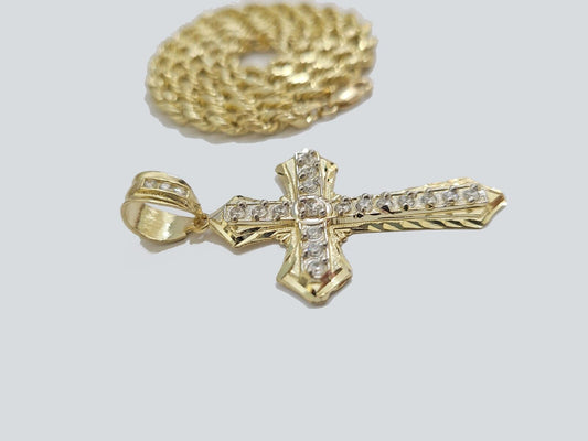 14k Yellow Gold Cross Charm Rope Chain Necklace 4mm 18'' Pendant 14kt Jesus Real - Reva Jeweler