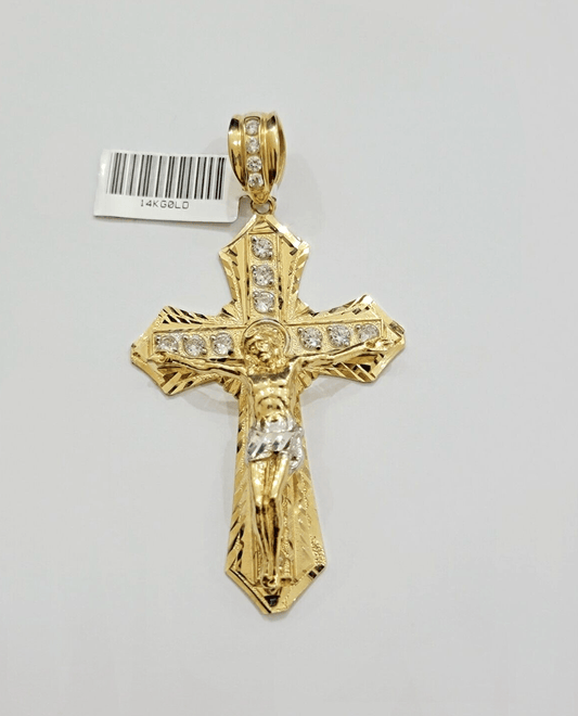14k Yellow Gold Cross Jesus Crucifix Pendant 3 Inch 14kt CZ Charm Mens REAL 14kt - Reva Jeweler