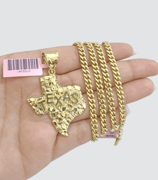 14k Yellow Gold Miami Cuban Chain 20 Inch Necklace Texas Map Charm Pendant Real - Reva Jeweler