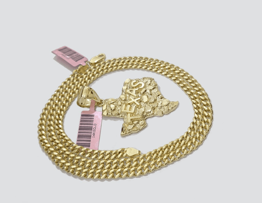 14k Yellow Gold Miami Cuban Chain 24 Inch Necklace Texas Map Charm Pendant Real - Reva Jeweler