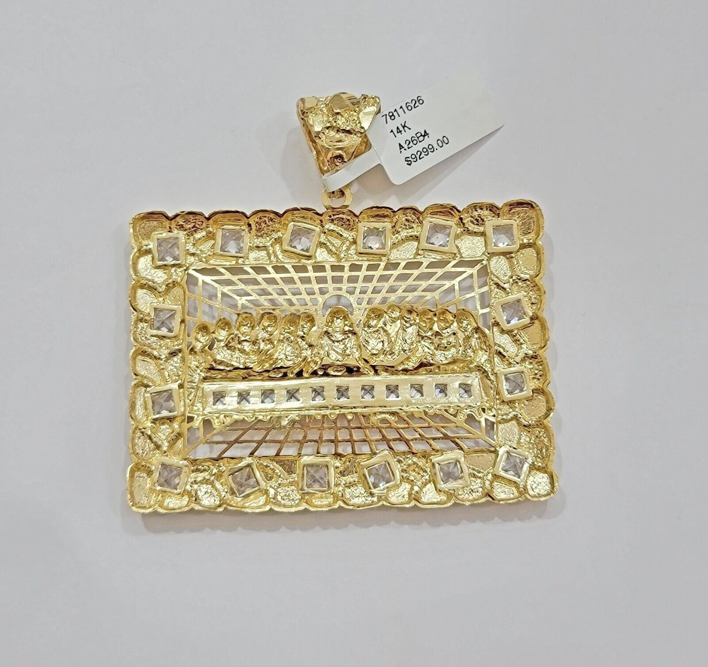 14k Yellow Gold Pendant Nugget Last Supper Charm Medallion Square REAL 14KT Mens - Reva Jeweler