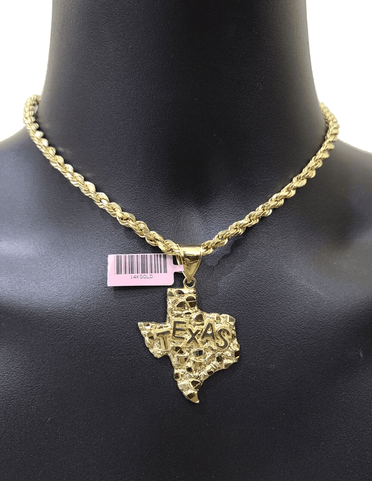 14k Yellow Gold Rope Chain 20'' Inch Necklace Texas Map Charm Pendant Real 14kt - Reva Jeweler