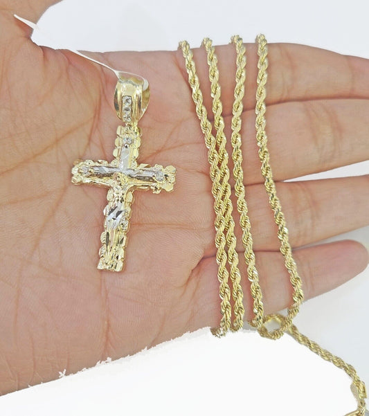 14k Yellow Gold Rope Chain 2.5mm 20Inches & Jesus Nugget Cross Charm SET