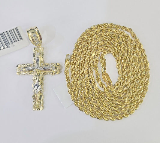 14k Yellow Gold Rope Chain 2.5mm 24Inches & Jesus Nugget Cross Charm SET