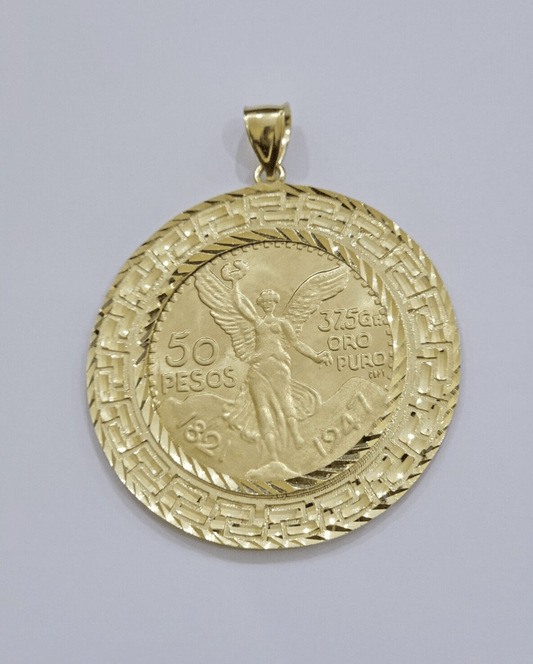 1947 Mexican Centenario 50 Gold Pesos Copy Coin With Bezel Solid 10k Yellow SALE - Reva Jeweler