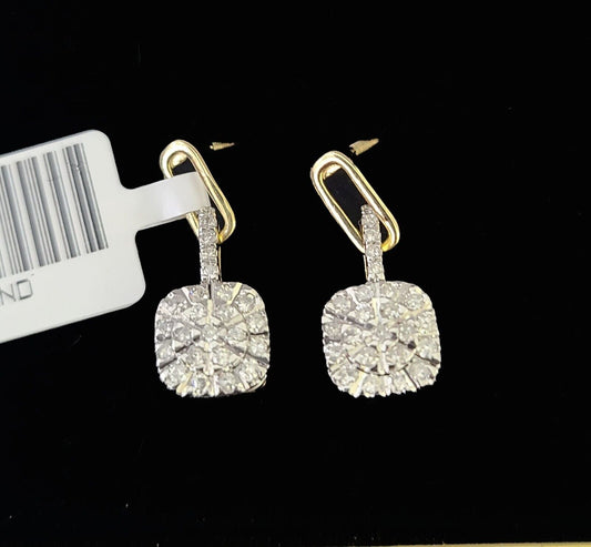 10k Diamond Cushion Earrings Ladies Drop Yellow gold Real Screw-Back studs / Women