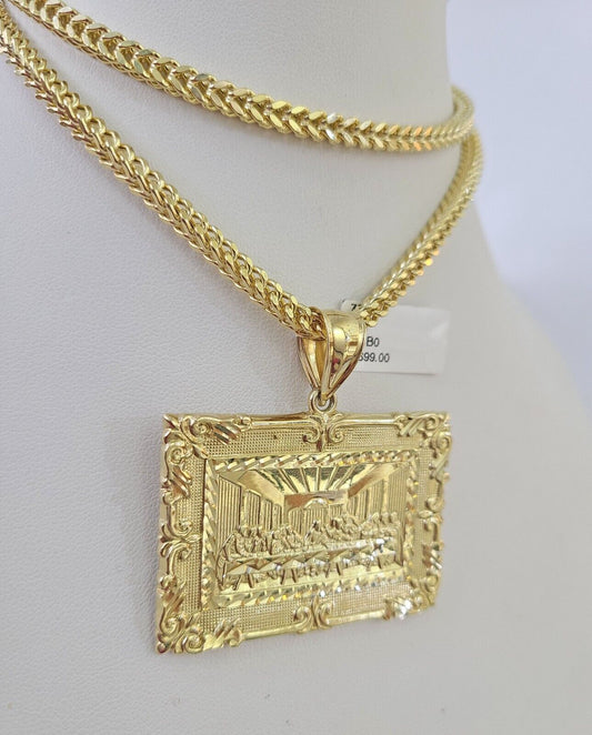 Full display of 10K yellow gold Franco chain with Last Supper pendant
