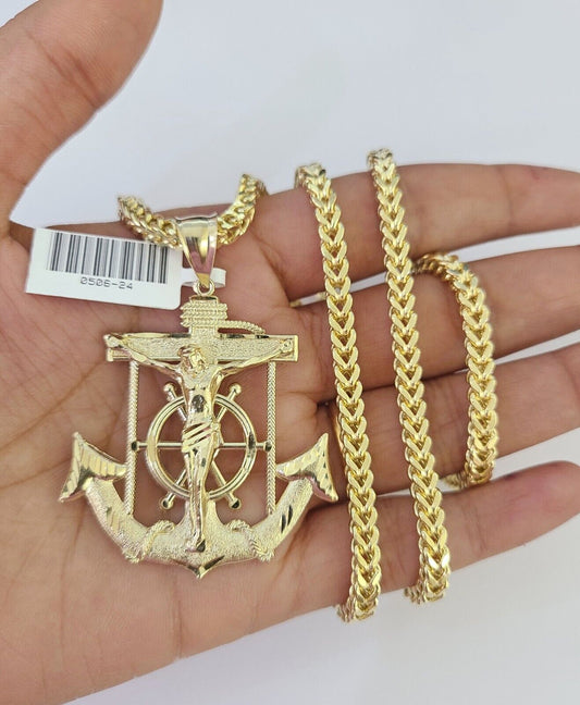 10K Franco Chain Jesus Anchor Pendant Charm Necklace 20"-28" 4mm Yellow Gold SET
