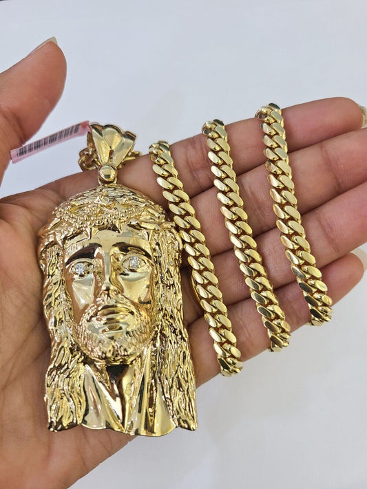 Real 14k Solid Gold Chain Jesus Head Pendant Charm SET Miami Cuban Link 6mm Necklace