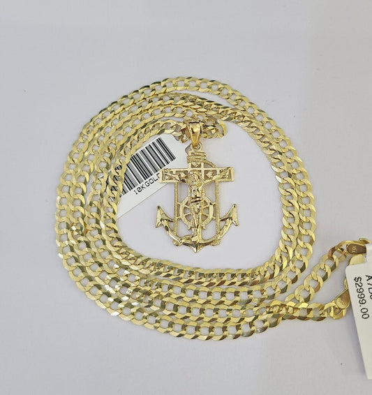 10k gold solid Cuban curb link chain necklace with Jesus and anchor charm by Reva Jeweler
