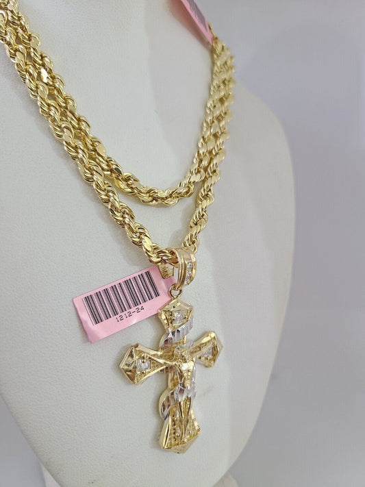 14k Gold Rope Chain Necklace Set 6mm Spiral Cross Charm Pendant 18"-28" inch