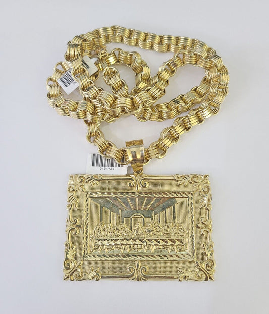 10k Gold Byzantine Necklace Last Supper Charm 20-30 inches 9mm REAL SET Chain