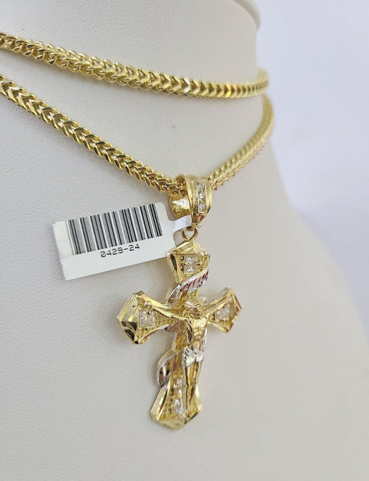 Front view of Jesus cross pendant necklace in 10K gold with Franco chain