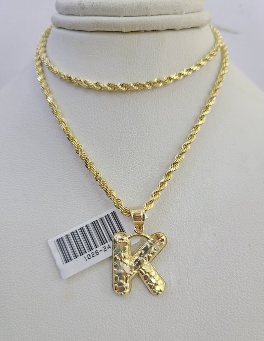 10k Gold Initial K Charm Rope Chain 16"-26" 2.5mm SET Necklace Alphabet Pendant