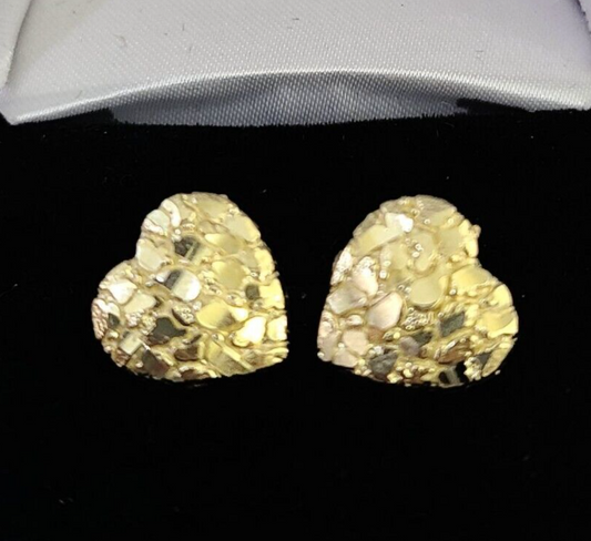 10k Gold Nugget Heart Earrings With Push Back Real 10kt Gold Studs Unisex