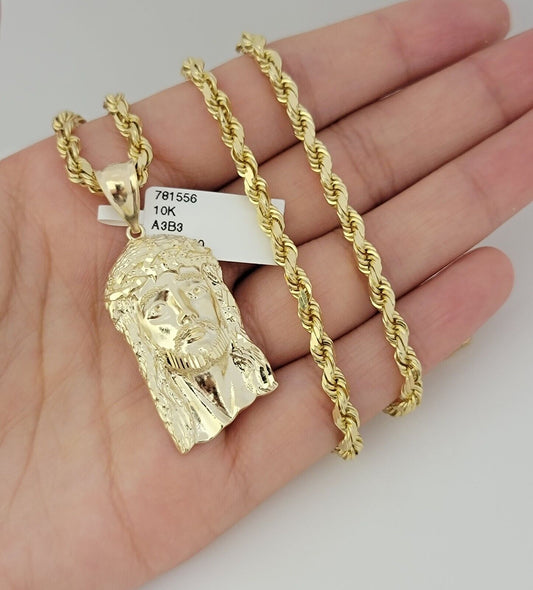 Real 10k Gold Rope Chain Pendant SET Jesus Face Charm Solid Necklace 4mm 26 Inch