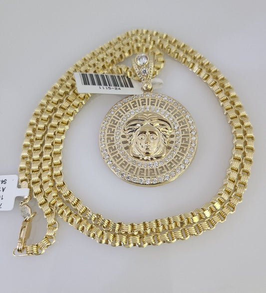Full display of 10K gold Byzantine chain with Medusa head pendant