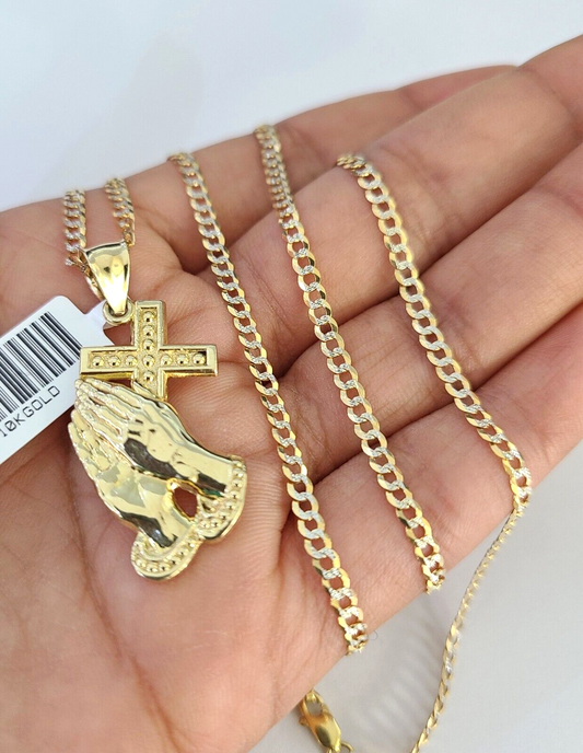 Praying Hands charm on 2mm Cuban chain