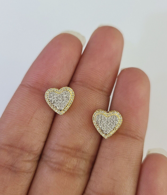 10k Heart Diamond Earrings Real Screw-Back Ladies / Women Studs Yellow Gold