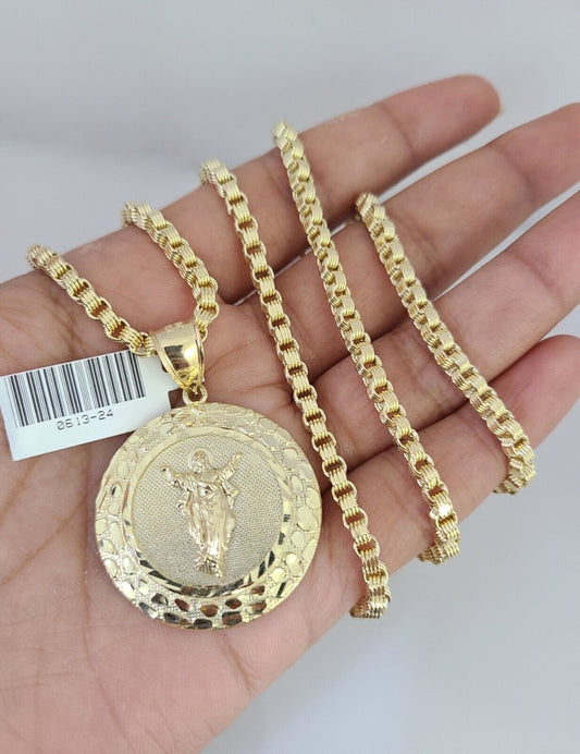 Flat lay display of Reva Jeweler 10K gold nugget Jesus necklace set