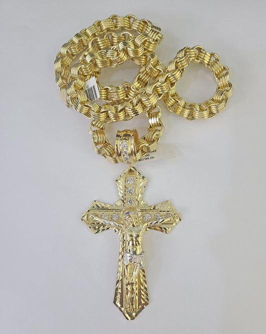 10k Gold Byzantine Necklace Jesus Cross Charm 20-30 inches 9mm REAL SET Chain