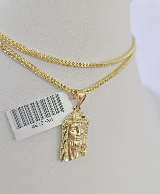 10K yellow gold Jesus head pendant and Franco chain necklace set by Reva Jeweler