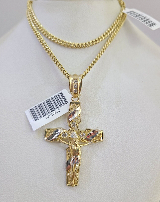 Real 10k Gold Chain Pendant SET Jesus Cross Charm Miami Cuban Link Necklace 2mm