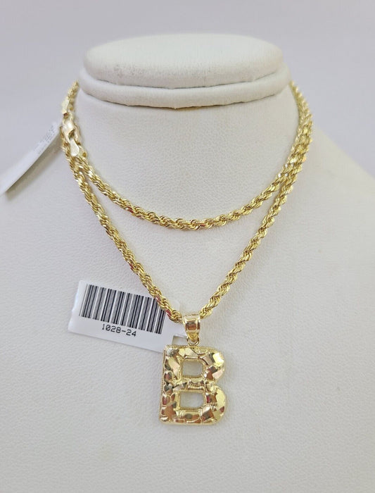 10k Gold Initial B Charm Rope Chain 16"-26" 2.5mm SET Necklace Alphabet Pendant