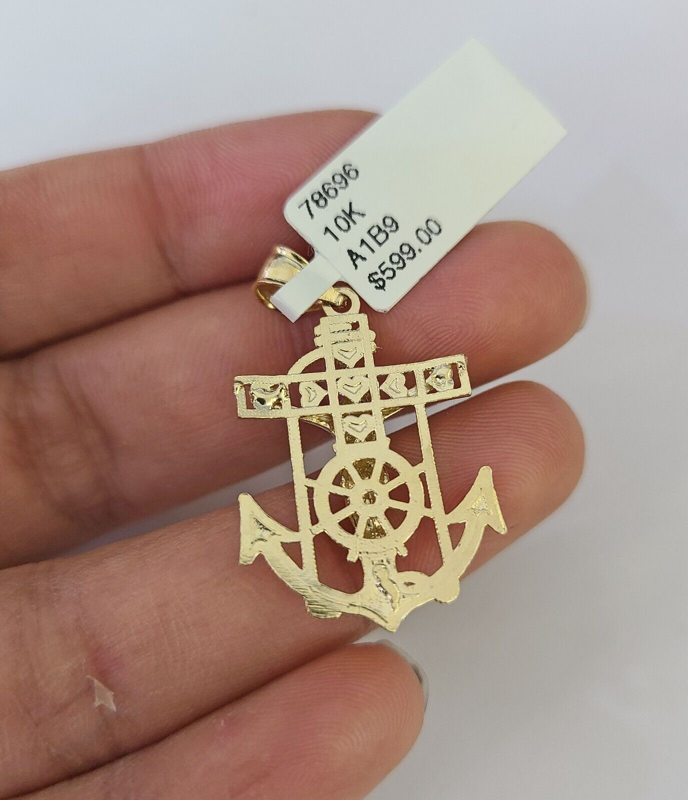 Front view of Jesus anchor pendant necklace in 10K gold with Franco chain