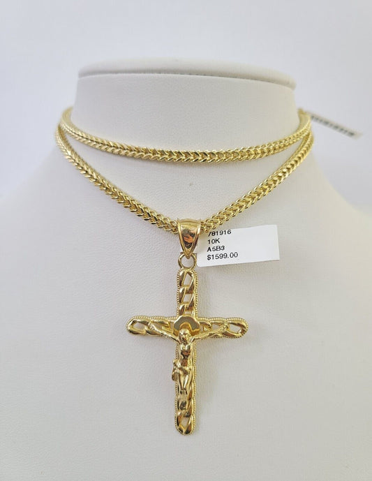 Polished 10K gold Jesus cross pendant necklace with chain links