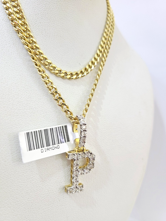 10K Gold Miami Cuban Chain P Diamond Initial 18"-24" 2mm Pendant Necklace SET