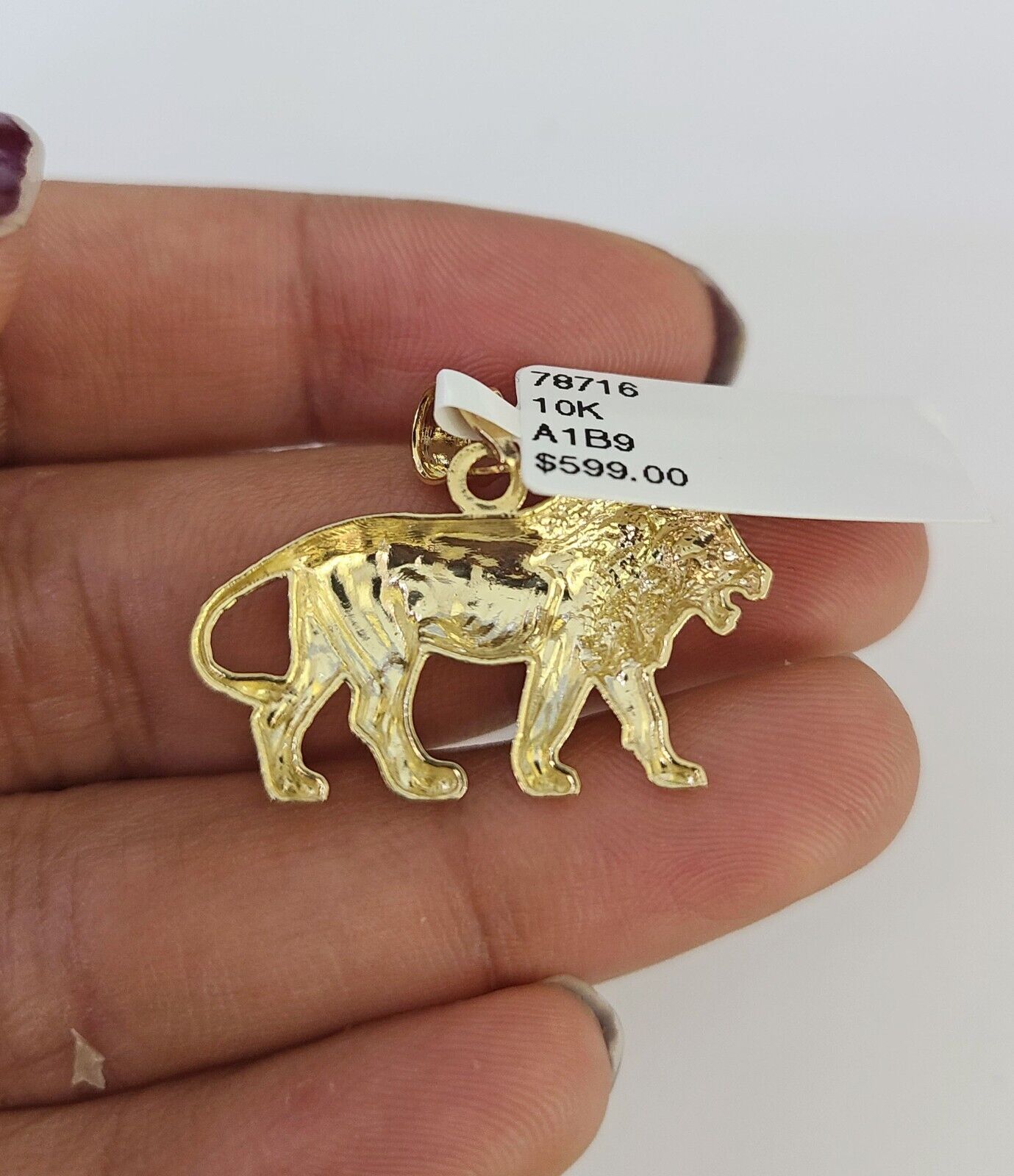 Front-facing view of Reva Jeweler 10K gold lion pendant and chain