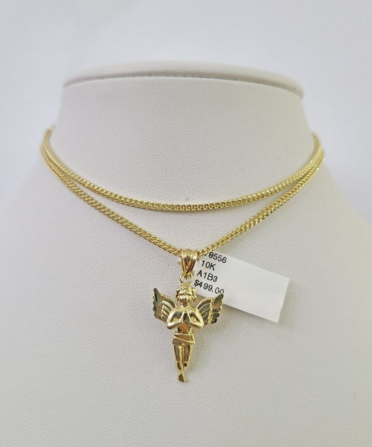 Side angle view of 10K gold praying angel pendant on Franco chain