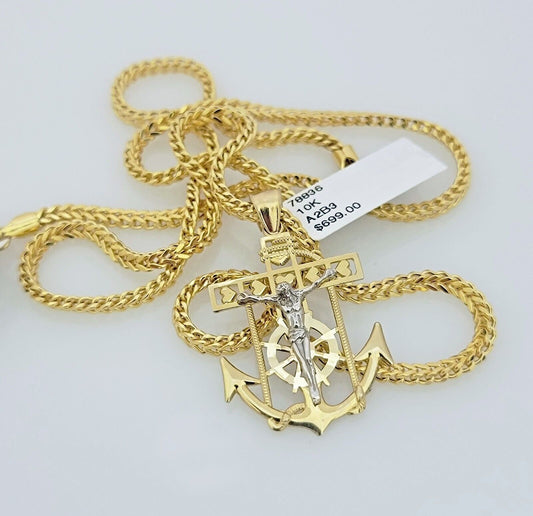 Real 10k Gold Chain Pendant Set Franco Necklace Anchor Cross Charm 2.5mm 18"-24"