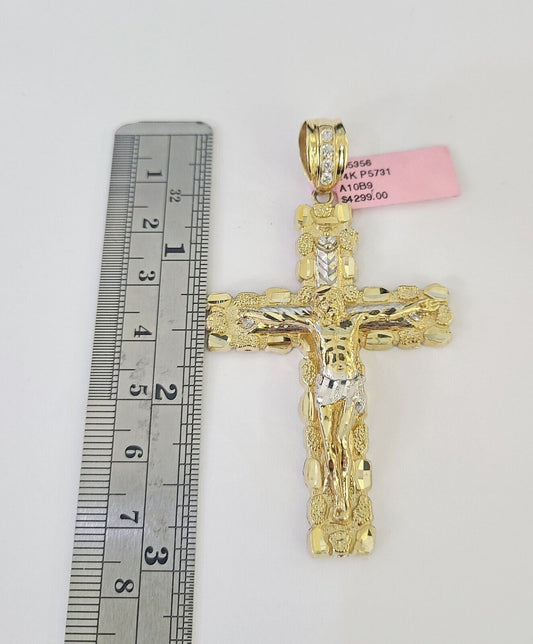 14k Figaro Chain Jesus Cross Charm Pendant Gold 7mm 20-30 inch SET Necklace