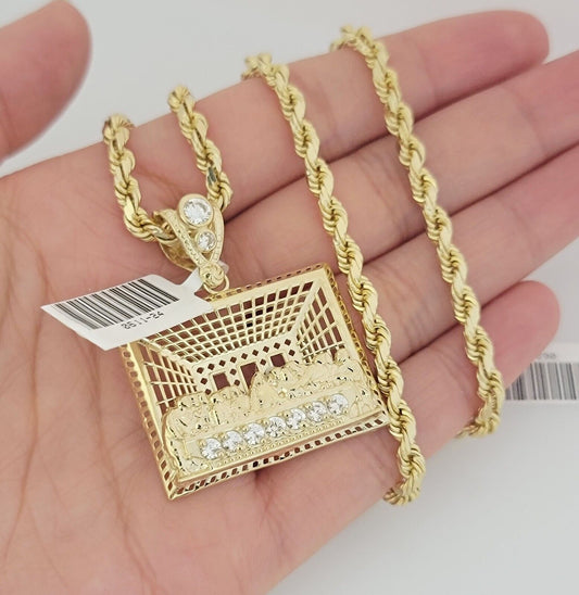 Real 10k Gold Chain Pendant SET Last Supper Charm Solid Rope Necklace 4mm 24Inch