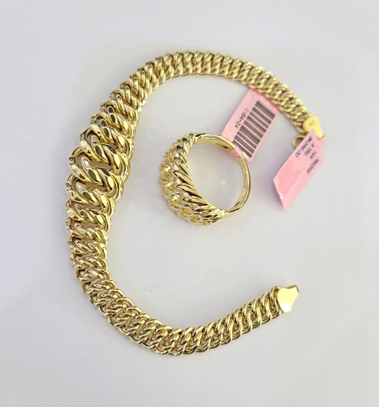 14K Gold Princesa Ring Bracelet 7" 7mm Real Yellow SET Flat Byzantine Link 14Kt All Sizes