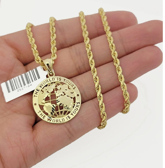 Real 10k Gold Chain Pendant SET World Is Your Charm Rope Necklace 3mm 24 Inch