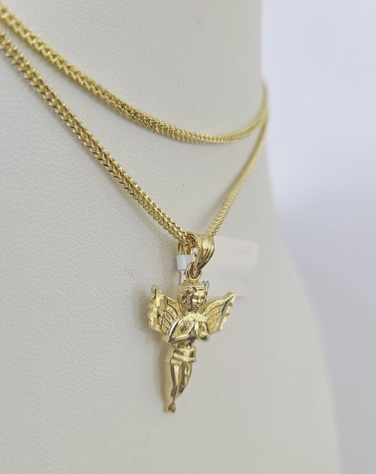 10K Solid Franco Chain Praying Angel Pendant Charm Necklace 18"-24" 1mm Gold