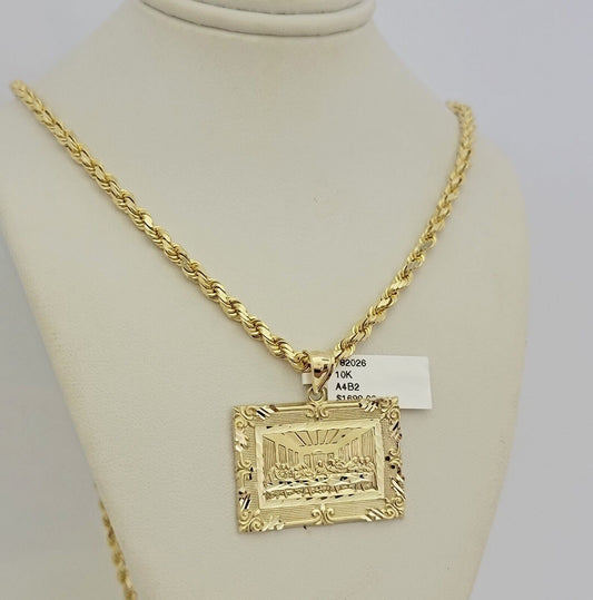 Real 10k Gold Chain Solid Rope Necklace Pendant SET Last supper Charm 4mm 20-28"