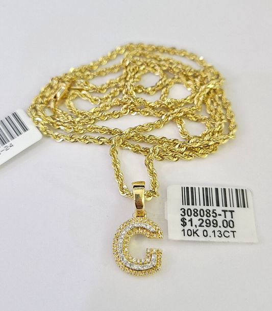 10k Solid Rope Chain 2mm G Initial Diamond Pendant Charm Necklace SET 18-22 in