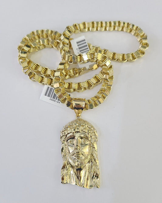 10k Gold Byzantine Necklace Jesus Head Charm 20-30 inches 6mm SET Chain Pendant