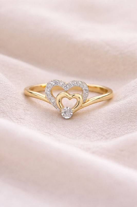 REAL 10k Yellow Gold Diamond Ladies Double Ring Heart Women Ring